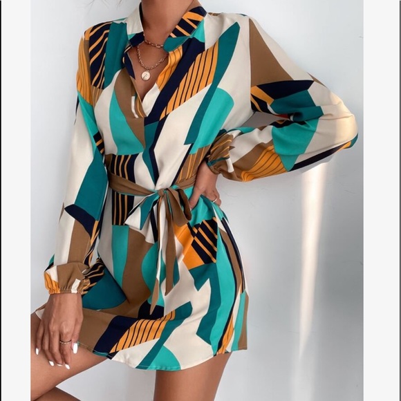 Dresses & Skirts - Elegant Classy Abstract Geo Print Notched Neck Belt Dress
